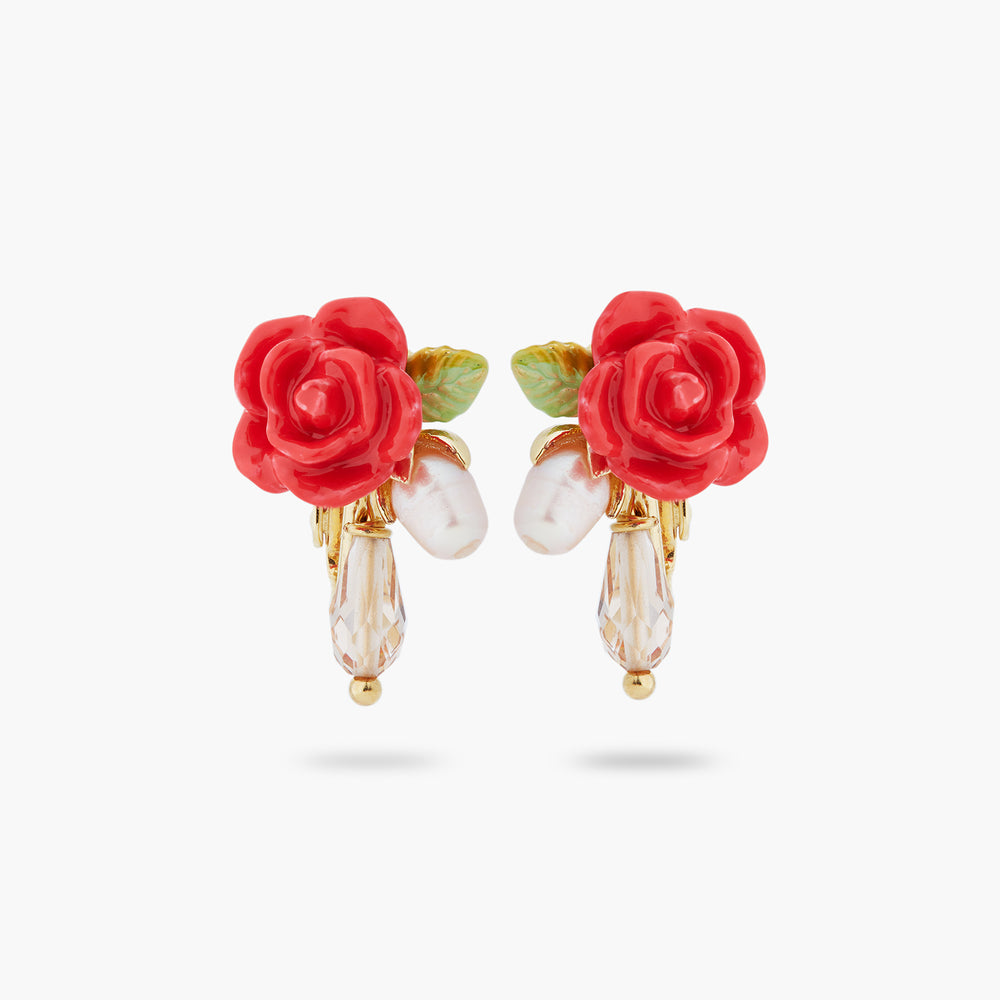 Rose, Cultured Pearl and Glass Drop Clip-on Earrings