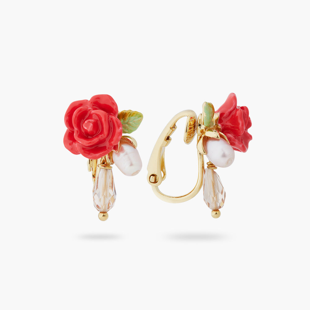 Rose, Cultured Pearl and Glass Drop Clip-on Earrings