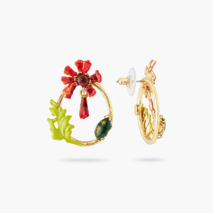 Ephemeral Flower and Scarab Beetle Post Hoop Earrings