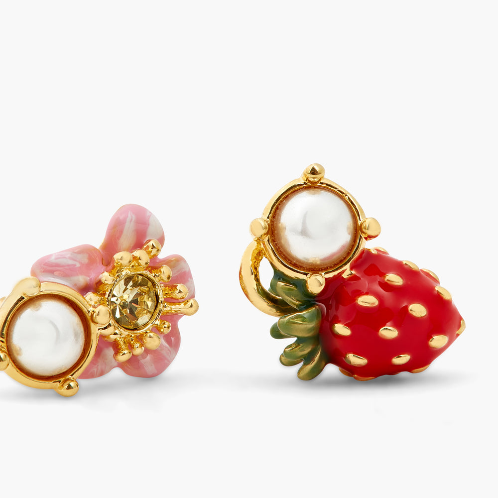 Asymmetrical Wild Strawberry and Pink Flower Post Earrings