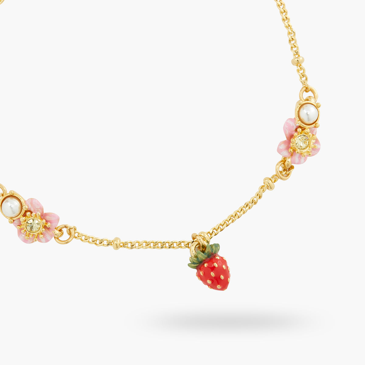 seeded strawberry fruit charm Wild Strawberry and Pink Flower Charm Bracelet – Les Néréides