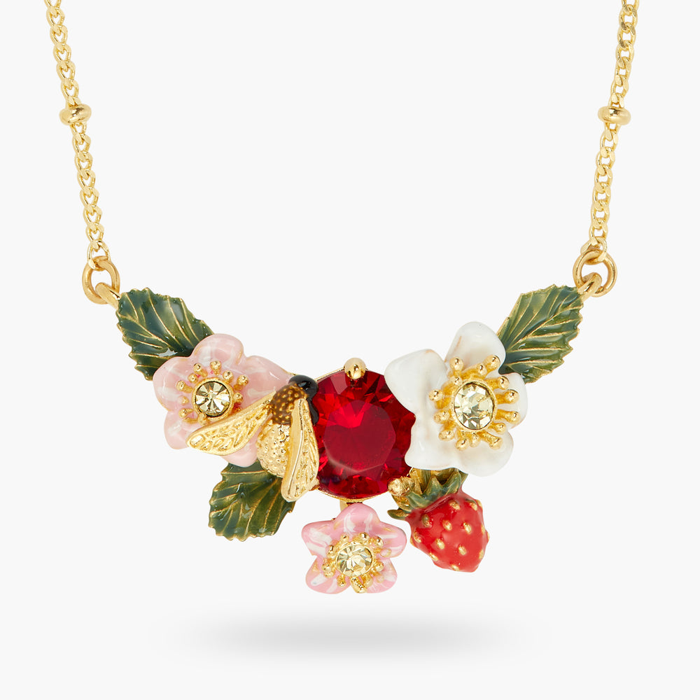 Wild Strawberry, Strawberry Flower and Bumblebee Statement Necklace