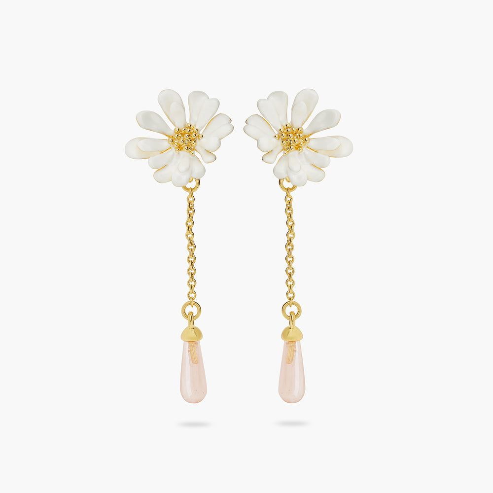 White Flower and Pink Pearl Post Earrings