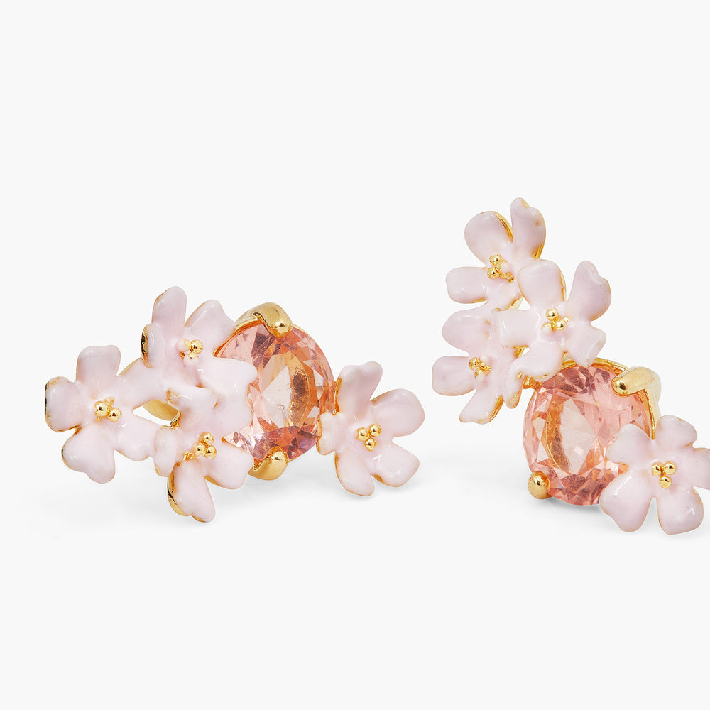 Verbena Flower and Round Stone Post Earrings