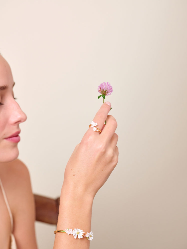 Verbena Flower and Round Stone Adjustable Me and You Ring