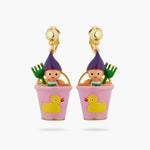 N2 Gnome, Green Rake and Pink Bucket Clip-On Earrings