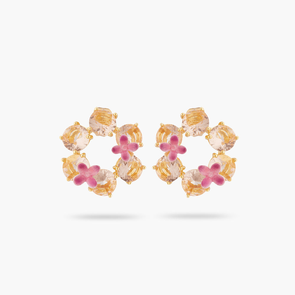 Apricot Pink Diamantine Flower and 6 Round Stone Post Earrings