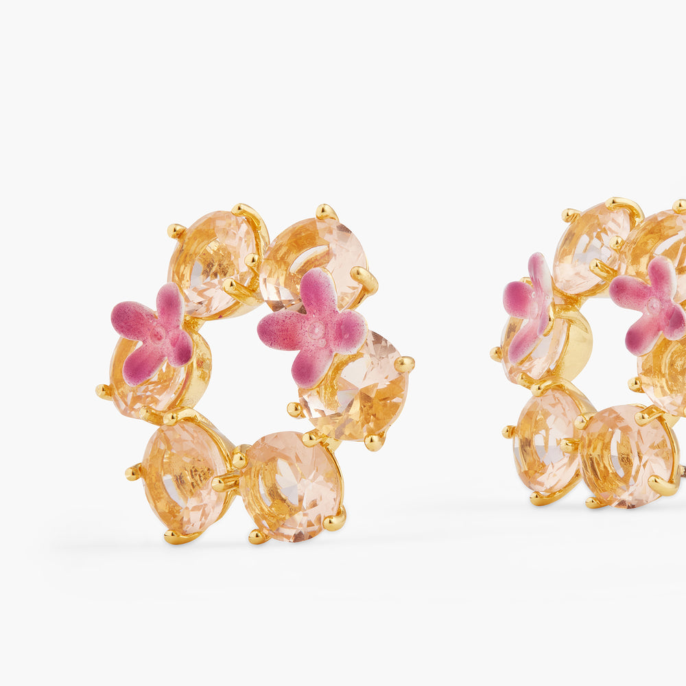 Apricot Pink Diamantine Flower and 6 Round Stone Post Earrings