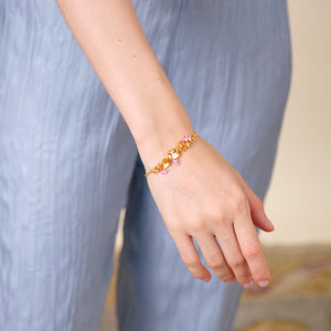 Apricot Pink Diamantine 5 Stone and Flower Fine Bracelet