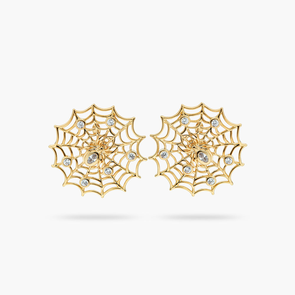 Golden Spider's Web and Crystal Post Earrings