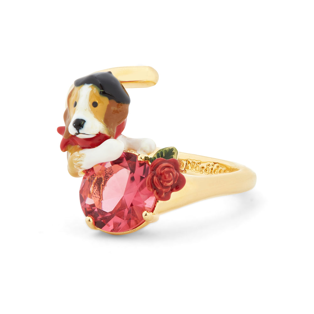Beagle and Pink Cut Glass Stone Adjustable Ring