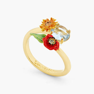 Wildflower and Round Stone Adjustable Ring