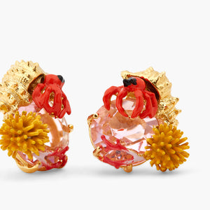 Hermit Crab and Light Pink Cut Glass Stone Sleeper Earrings