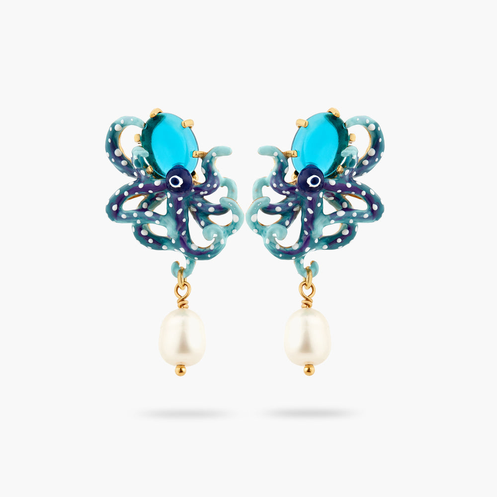 Enameled Blue Octopus, Blue Cut Glass Stone and Mother of Pearl Bead Post Earrings