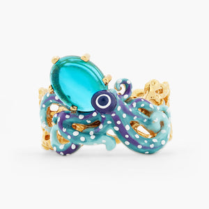 Blue Octopus and Blue Cut Glass Cocktail Ring