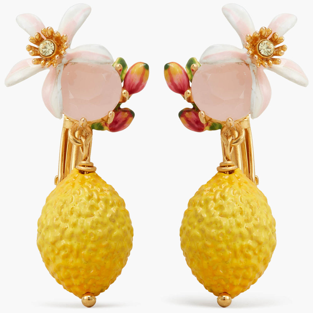 Lemon, Flower and Faceted Glass Clip-On Earrings
