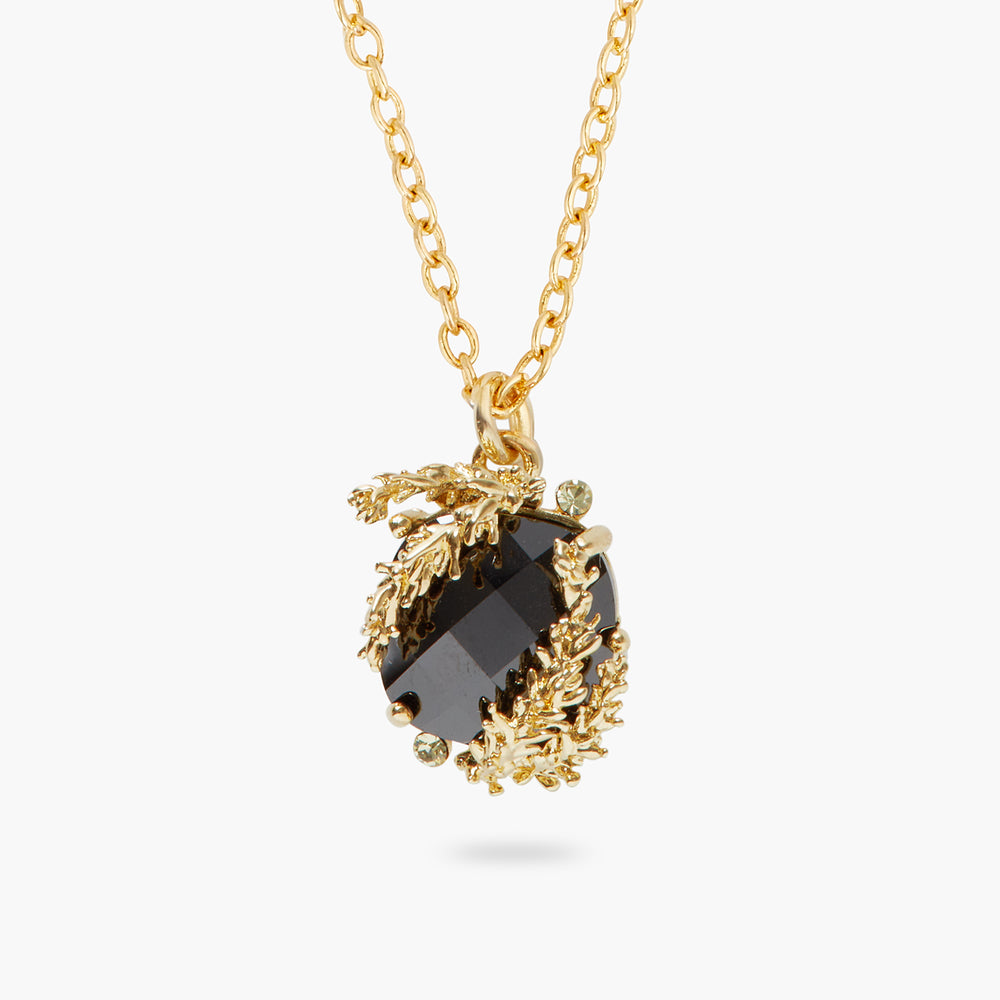 Patchouli Flower and Black Faceted Glass Pendant Necklace