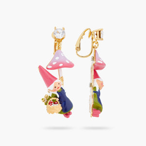 Garden Gnome Lady and Mushroom Picking Clip-on Earrings