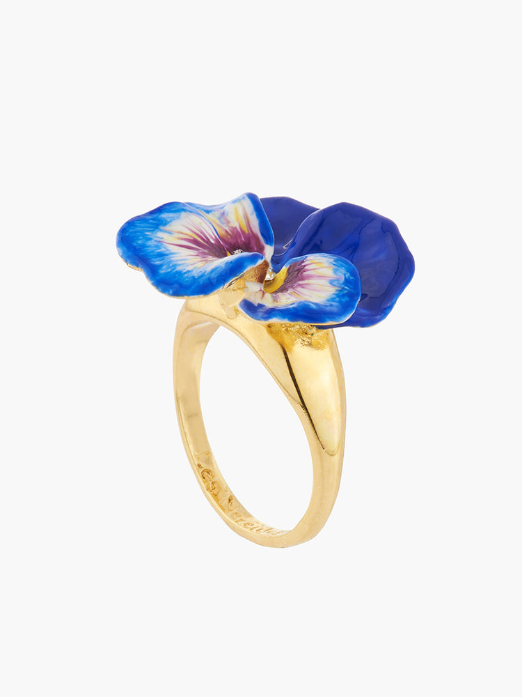 Thousand Pansies Blue pansy and faceted crystal cocktail ring - Blue