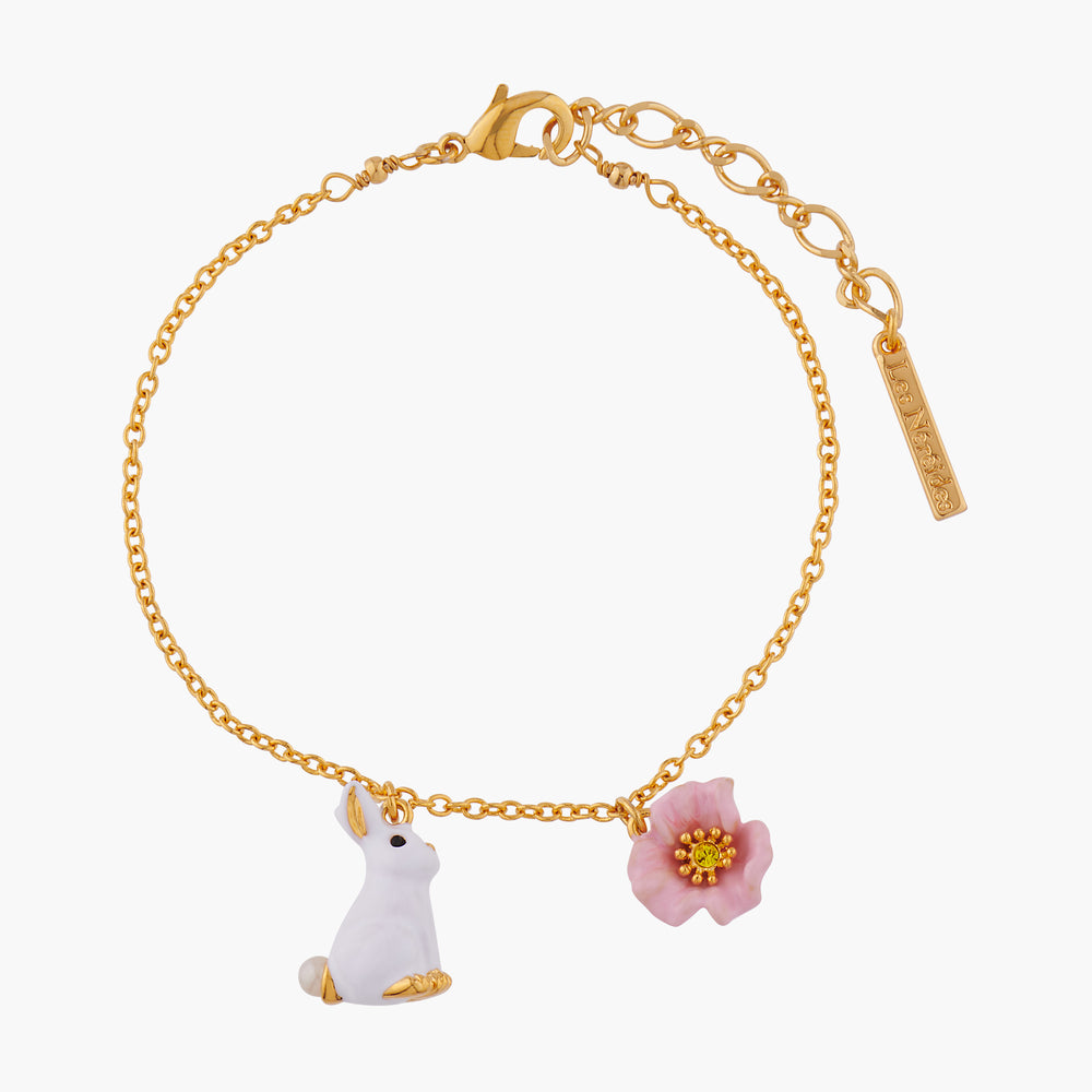 ENCHANTED ENCOUNTER Bunny and Pink Flower Thin Chain Bracelet