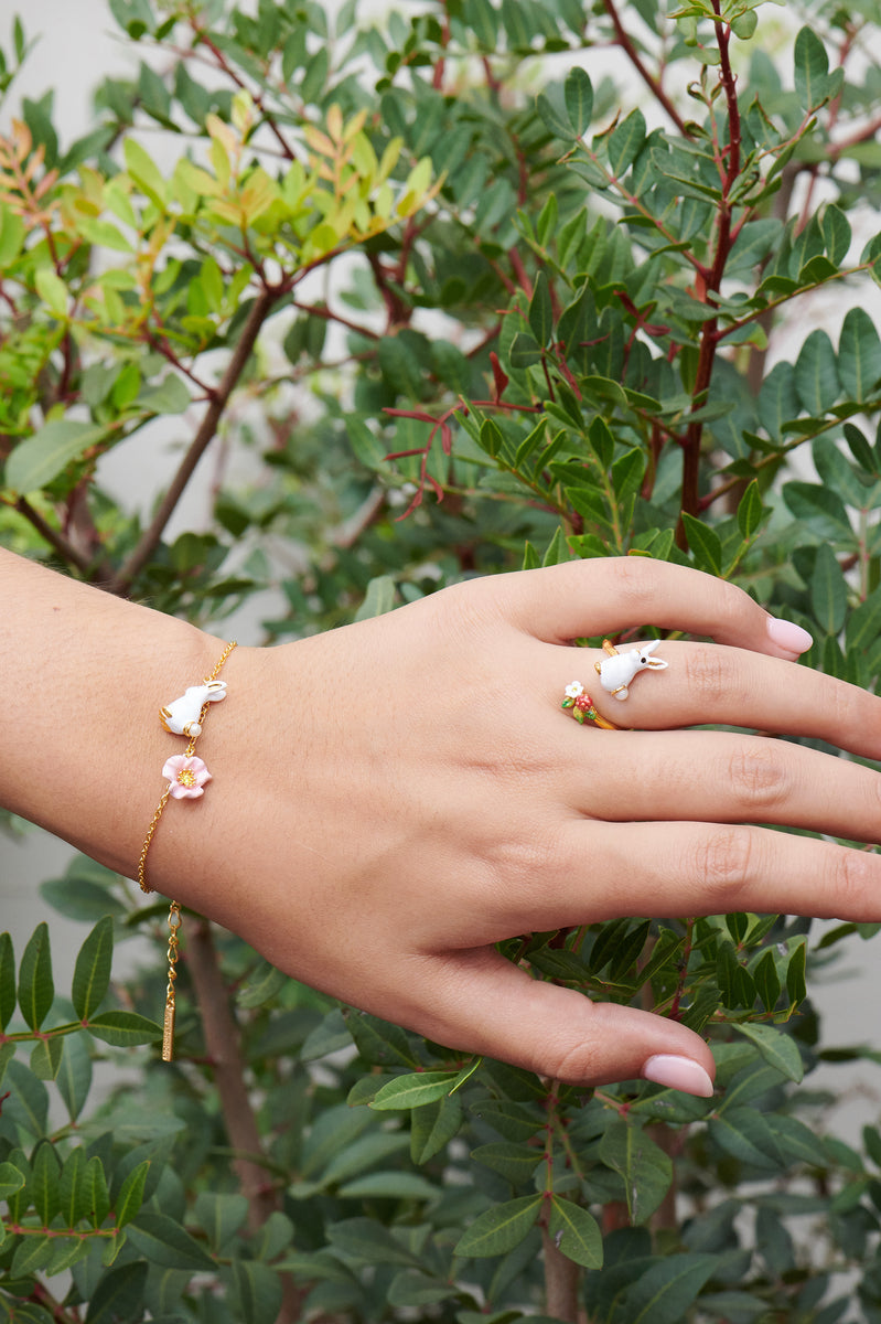 ENCHANTED ENCOUNTER Bunny and Pink Flower Thin Chain Bracelet