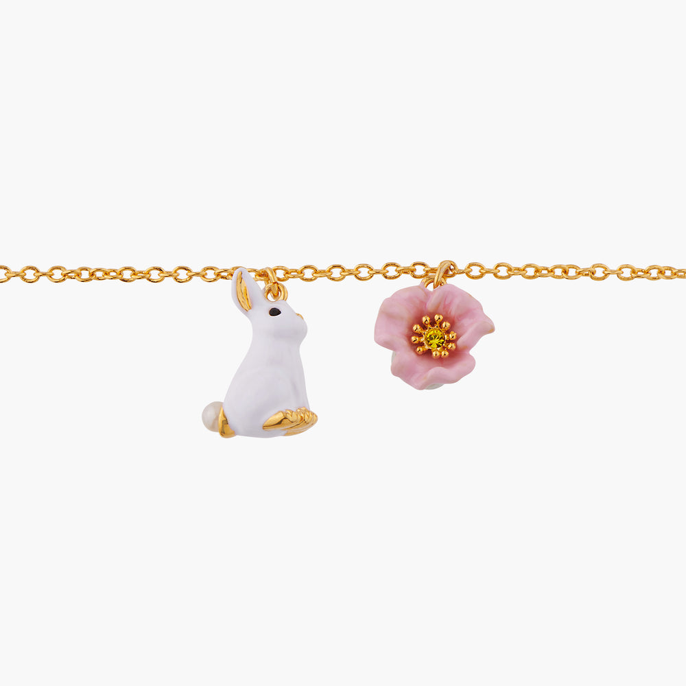 ENCHANTED ENCOUNTER Bunny and Pink Flower Thin Chain Bracelet