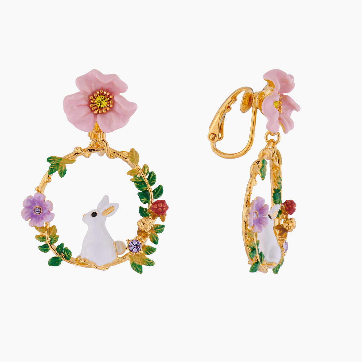 ENCHANTED ENCOUNTER Bunny on Flowered Branch Clip-on Creoles – Les
