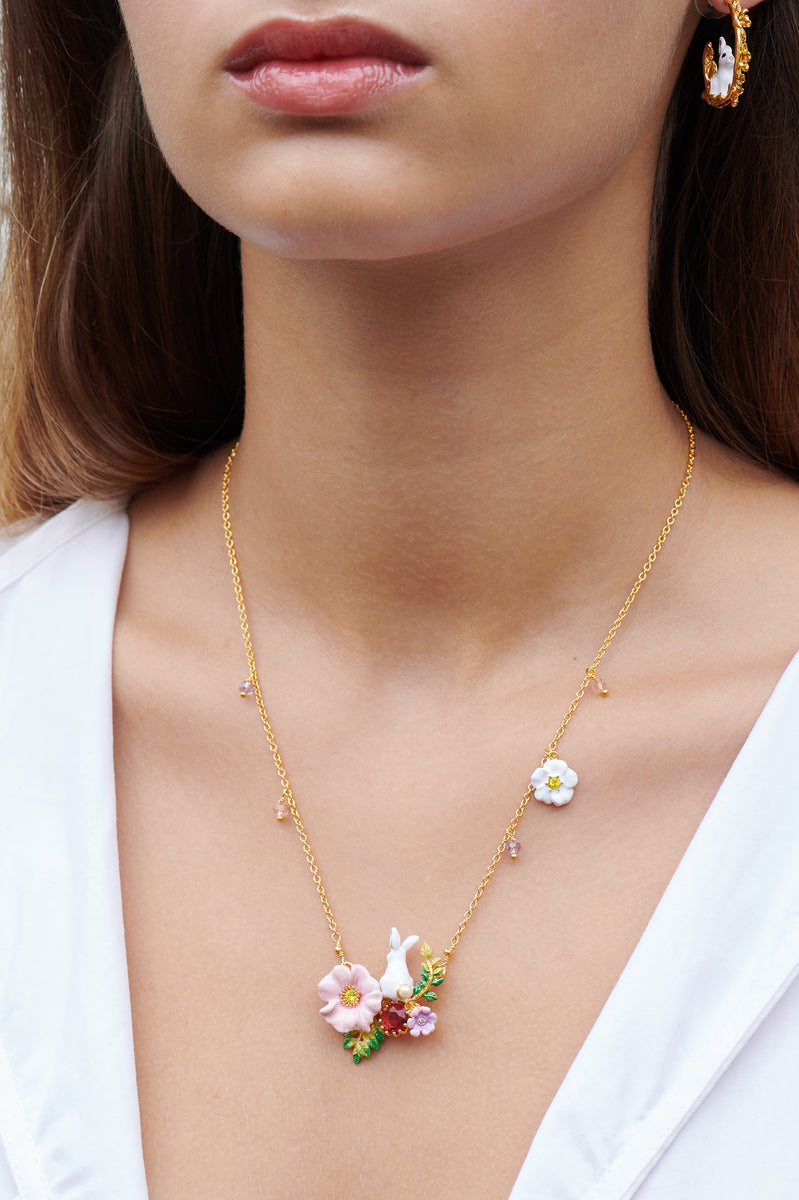 Enchanted Encounter Bunny on Pink Flower Pendant Necklace Les