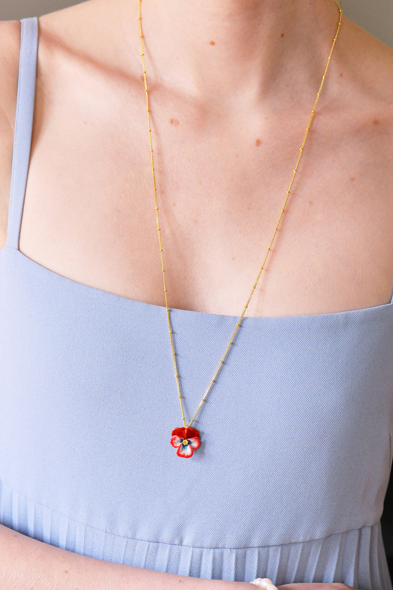 Thousand Pansies Red pansy and faceted crystal long necklace Les Néréides