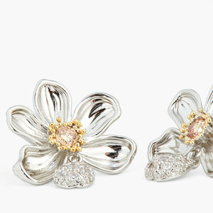 Daisy and White Crystal Studded Petal Clip-On Earrings
