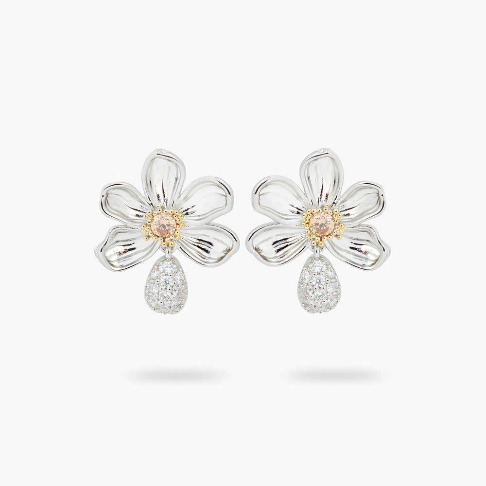 Daisy and White Crystal Studded Petal Post Earrings