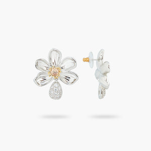 Daisy and White Crystal Studded Petal Post Earrings