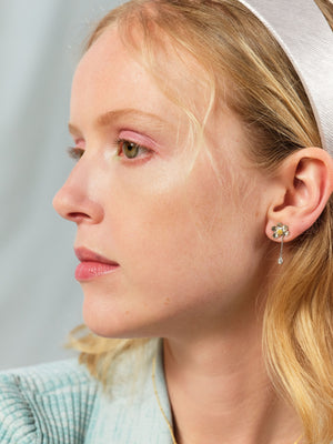 Daisy and White Crystal Studded Petal Post Dangling Earrings
