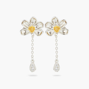 Daisy and White Crystal Studded Petal Post Dangling Earrings