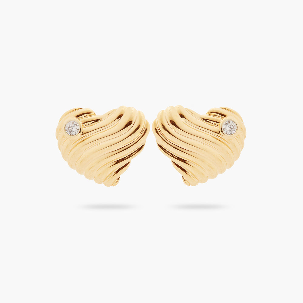 Ripple-Textured Heart and Cubic Zirconia Post Earrings