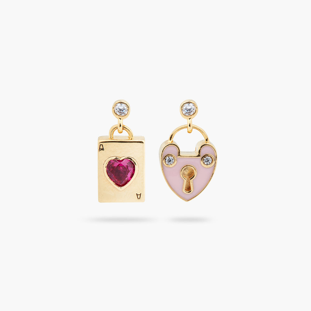 Asymmetrical Heart Padlock and Heart Card Post Earrings
