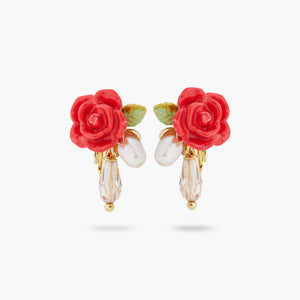 Rose, Cultured Pearl and Glass Drop Clip-on Earrings