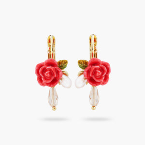 Rose, Cultured Pearl and Glass Drop Sleeper Earrings