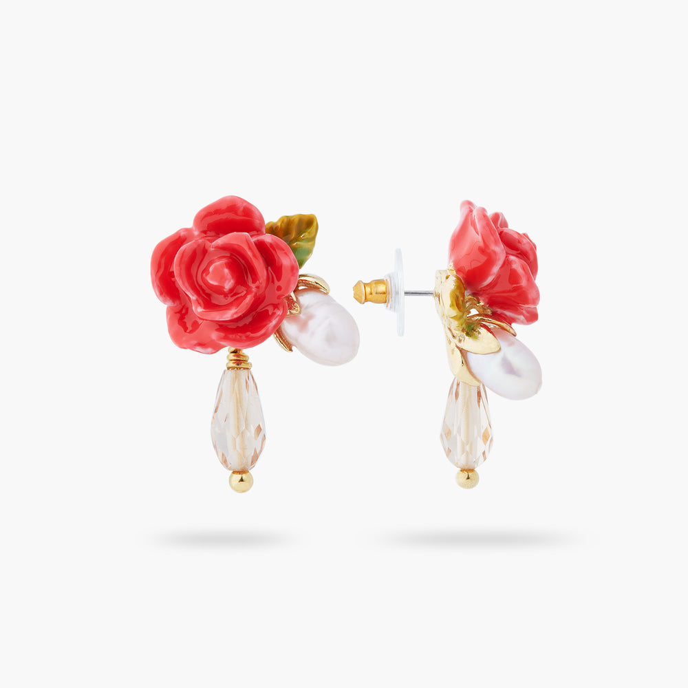 Rose, Cultured Pearl and Glass Drop Post Earrings
