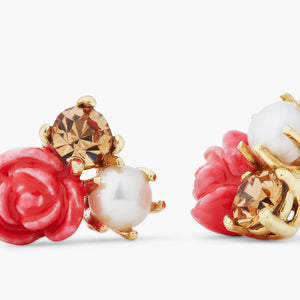 Rose, Cultured Pearl and Glass Drop Post Earrings