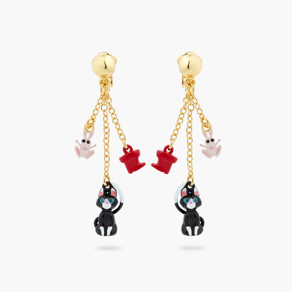 Charming Cat and Red Boots Clip-On Dangling Earrings