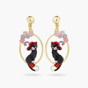 Charming Cat and Flower Clip-On Hoop Earrings