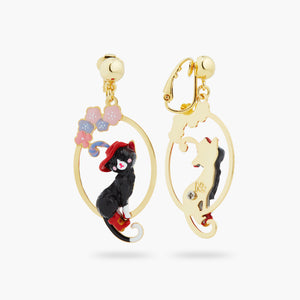 Charming Cat and Flower Clip-On Hoop Earrings