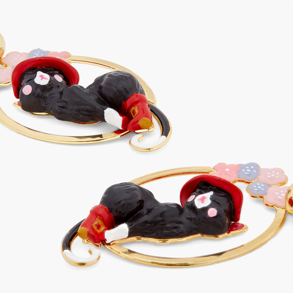 Charming Cat and Flower Clip-On Hoop Earrings