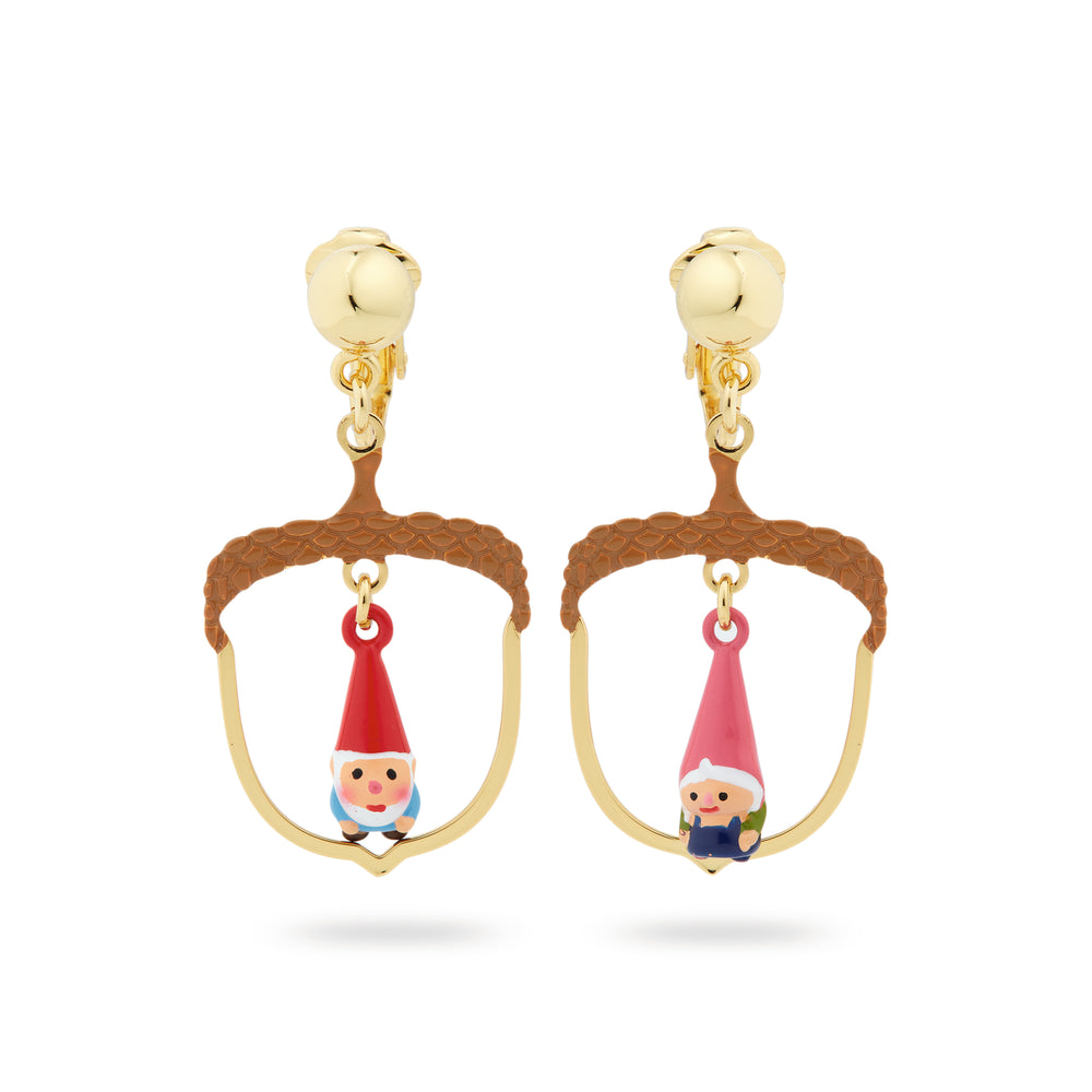 Hazelnut and Garden Gnome Asymmetrical Clip-on Earrings