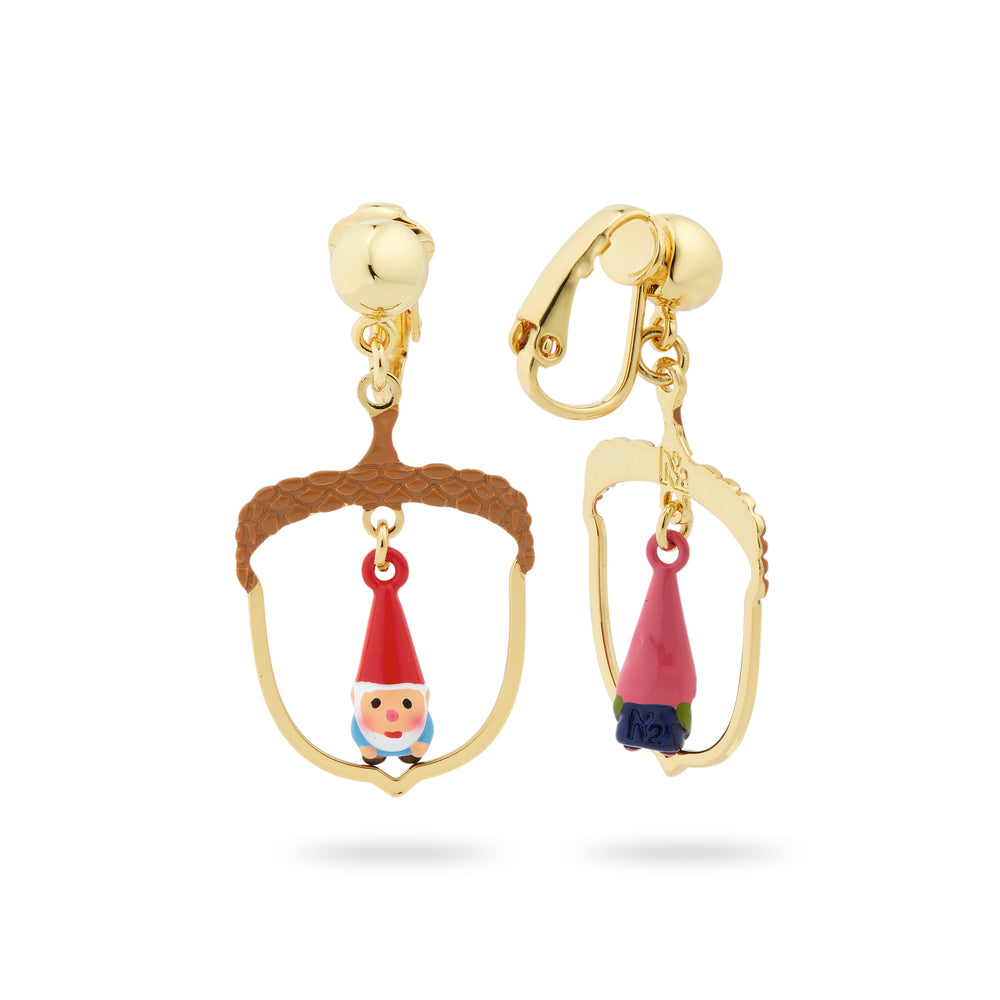 Hazelnut and Garden Gnome Asymmetrical Clip-on Earrings