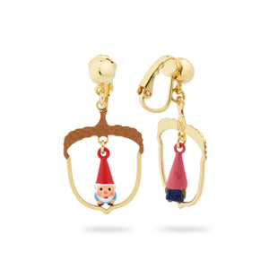 Hazelnut and Garden Gnome Asymmetrical Clip-on Earrings