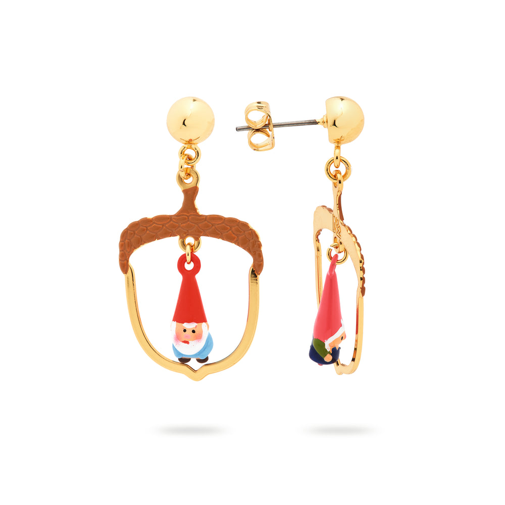 Hazelnut and Garden Gnome Asymmetrical Post Earrings