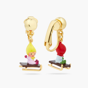 Sledging Young Garden Gnome Clip-On Earrings