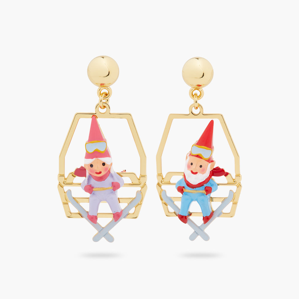 Garden Gnomes Sitting on Chairlift Post Earrings